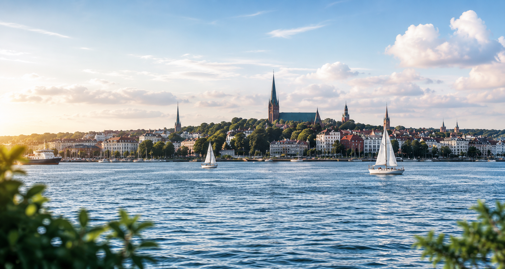 Flensburger Förde mit Segelbooten und Stadtsilhouette